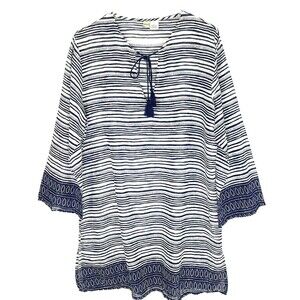 Orvis Swim Cover Up Womens Size Large V-Neck Tassle Tunic Blue White 3/4 Sleeve